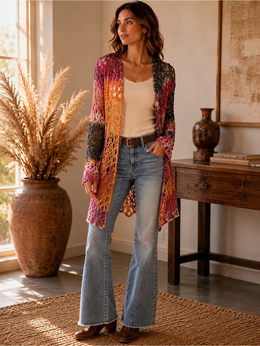 Boho Crochet Open Knit Long Duster Cardigan Multicolor 70s Mossimo S